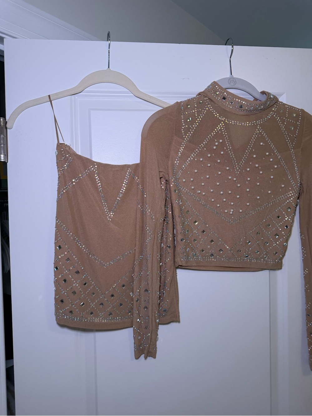 Fashion Nova Nude-Beige Embellished Mesh Camisole Set